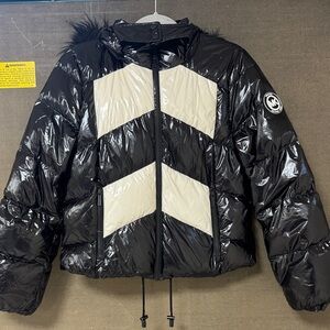 Michael Kors Shiny Black and Cream Chevron Bomber Jacket